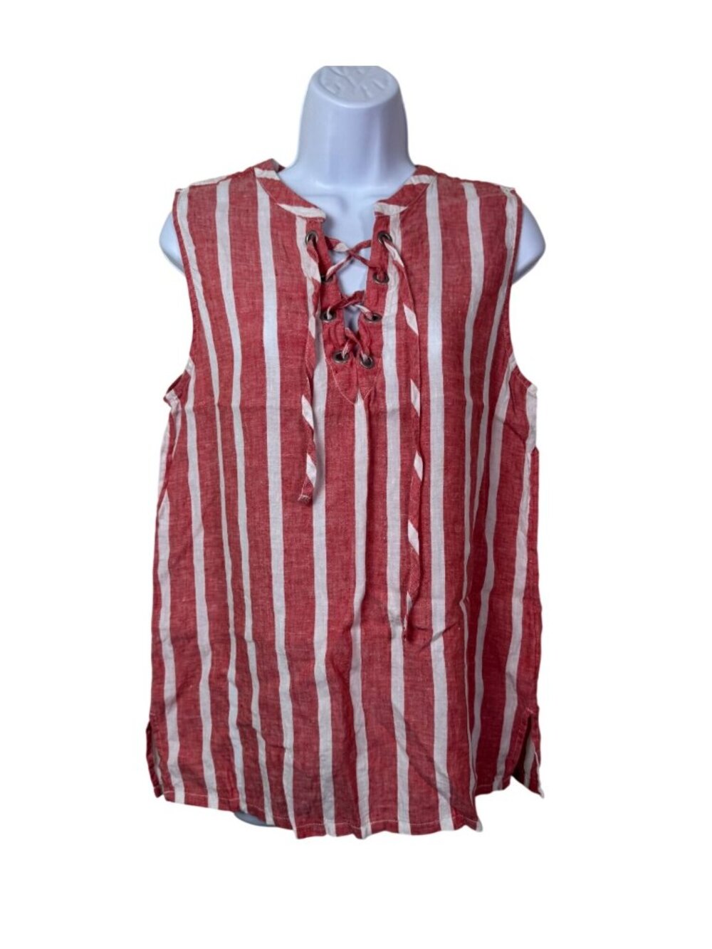Christian Siriano 100% Linen Sleeveless Top Mdeium‎ Red White Striped Lagenlook